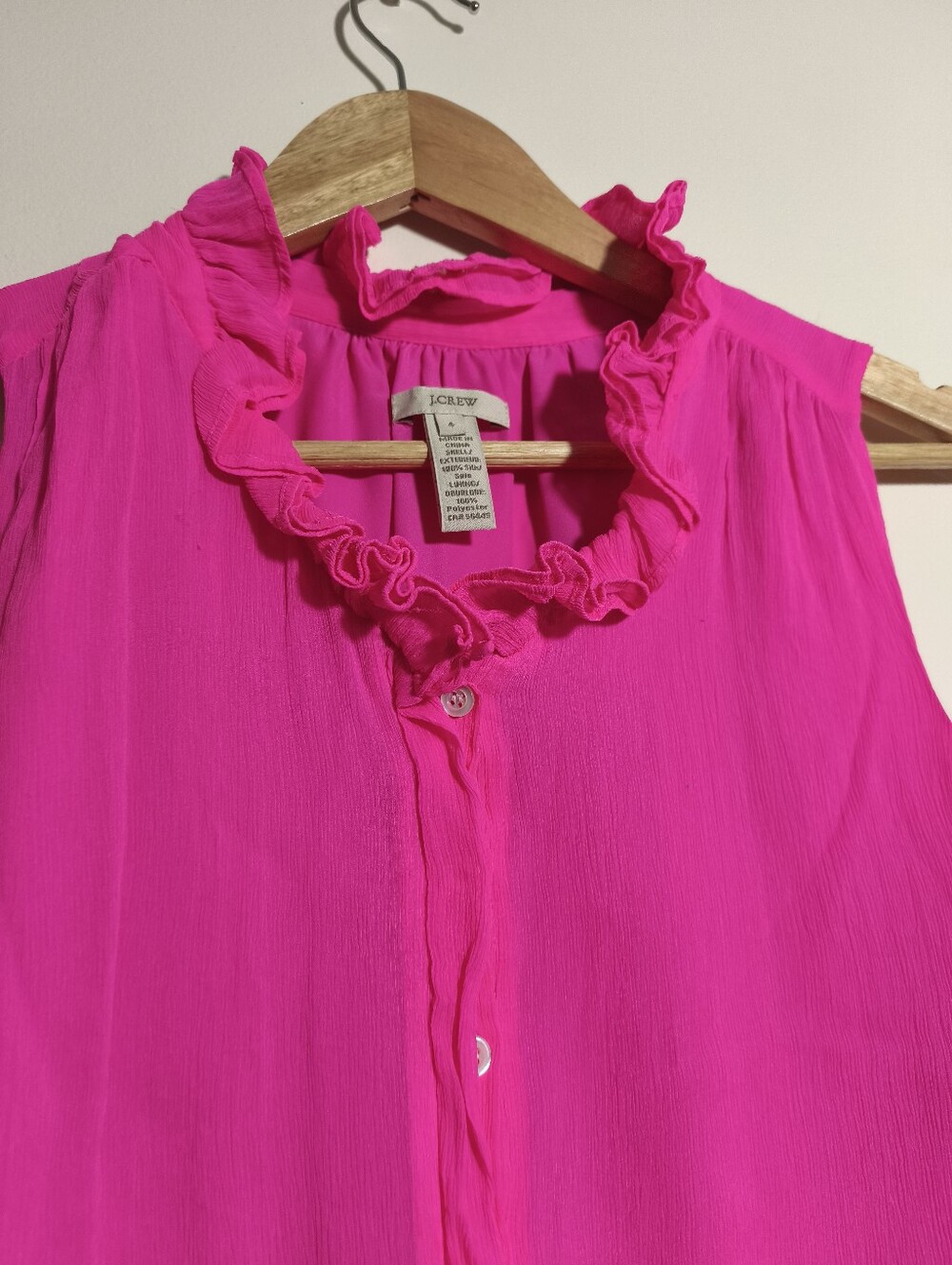 J Crew 100% Silk Chiffon Ruffle Trim Sleeveless Blouse sz 4 Neon Pink Lux Chic - Picture 2 of 8